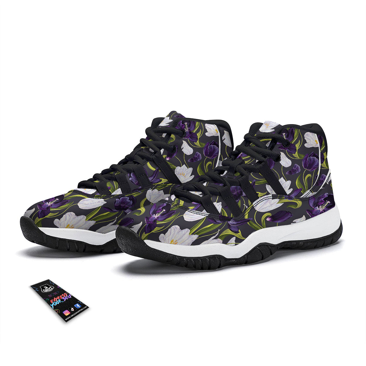 Tulip Purple And White Print Pattern Black Bball Shoes-grizzshop