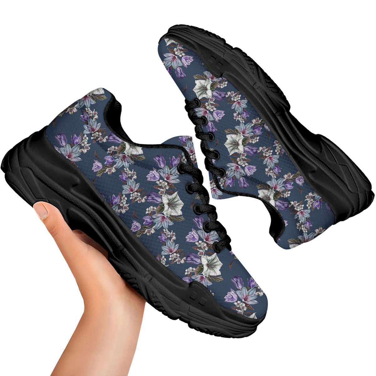 Tulip Purple Watercolor Print Pattern Black Chunky Shoes-grizzshop