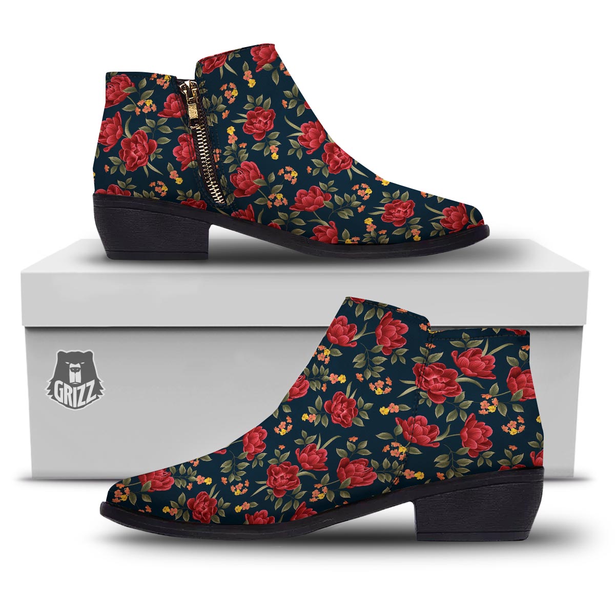Tulip Red Print Pattern Ankle Boots-grizzshop