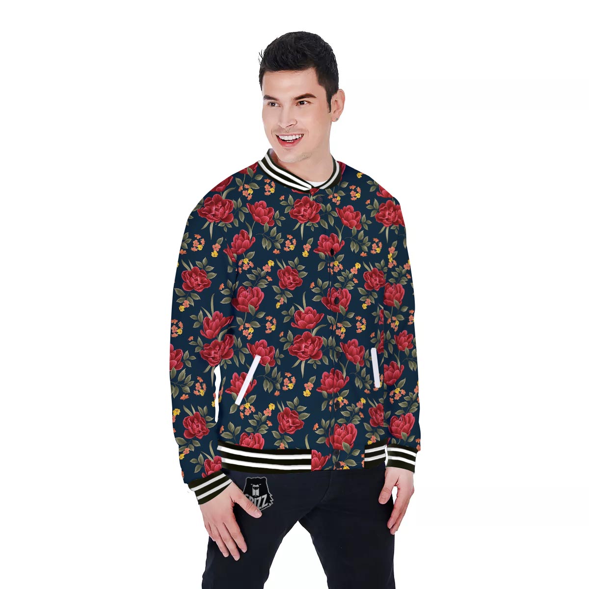 Tulip Red Print Pattern Baseball Jacket-grizzshop
