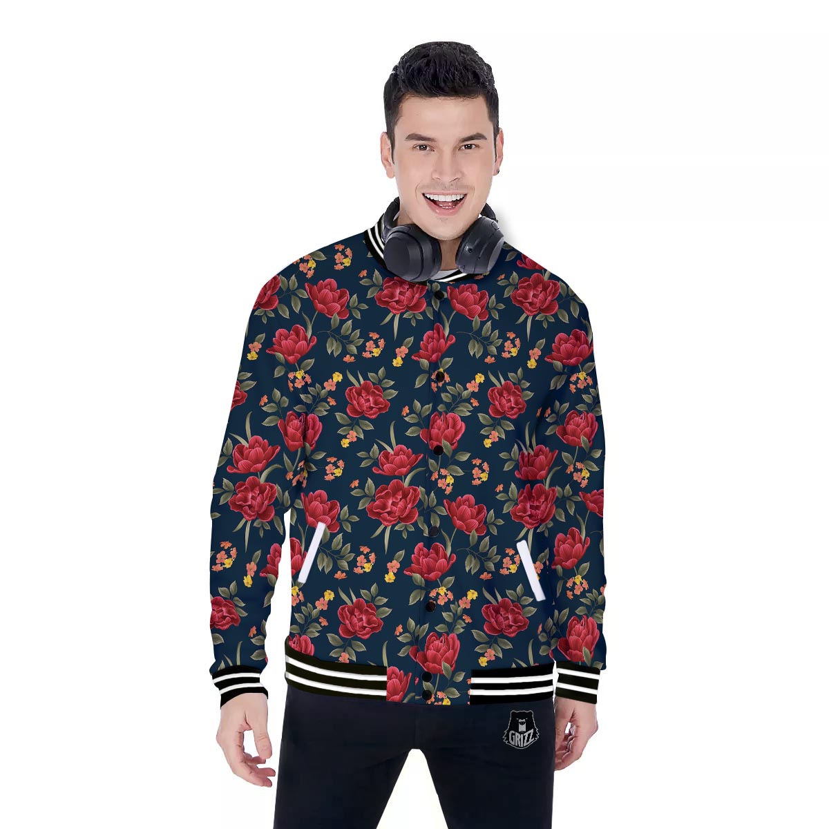 Tulip Red Print Pattern Baseball Jacket-grizzshop