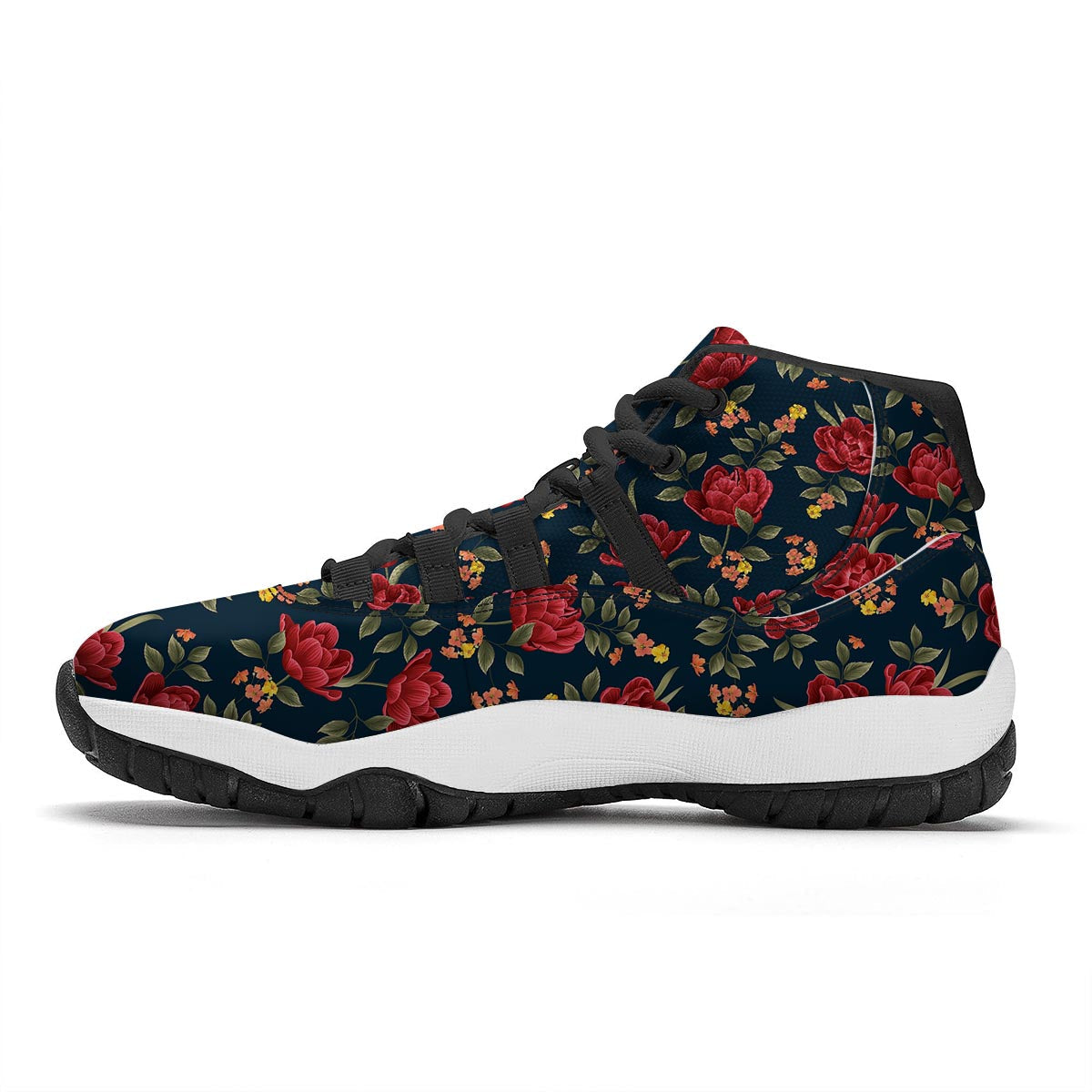 Tulip Red Print Pattern Black Bball Shoes-grizzshop