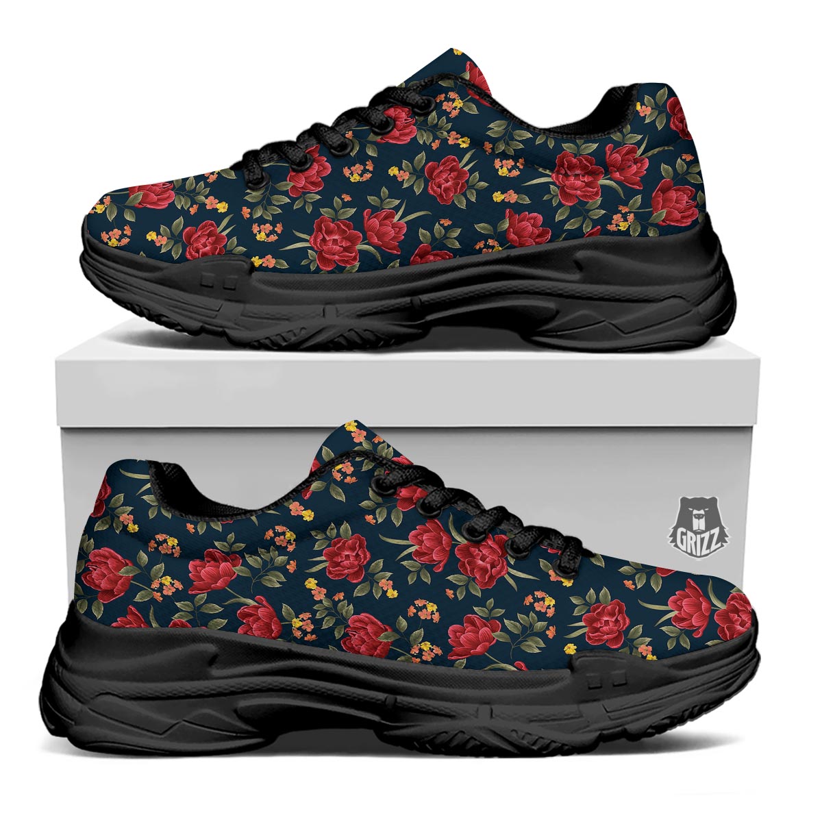 Tulip Red Print Pattern Black Chunky Shoes-grizzshop