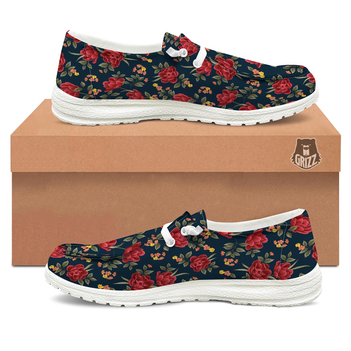 Tulip Red Print Pattern Black Loafers-grizzshop