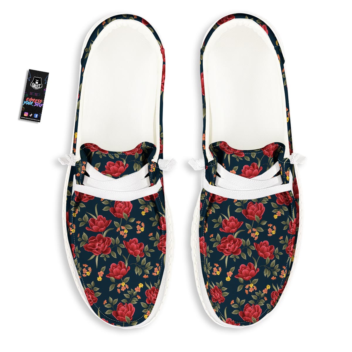 Tulip Red Print Pattern Black Loafers-grizzshop