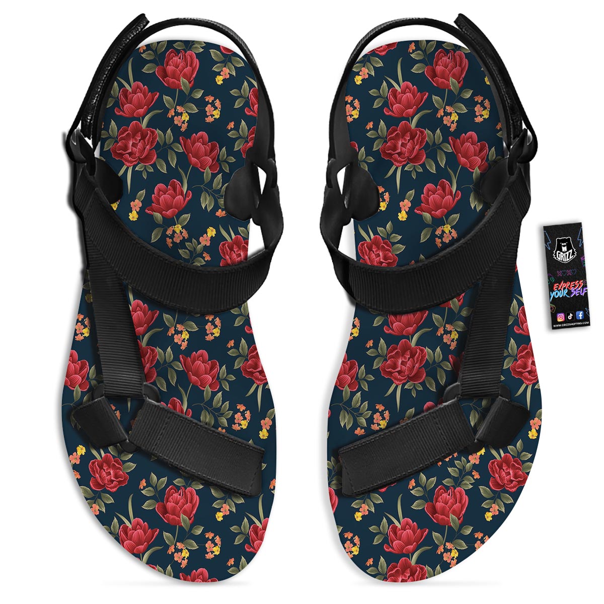 Tulip Red Print Pattern Black Open Toe Sandals-grizzshop