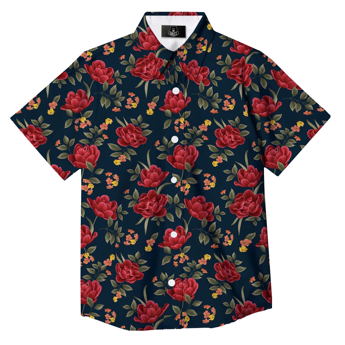 Tulip Red Print Pattern Button Up Shirt-grizzshop