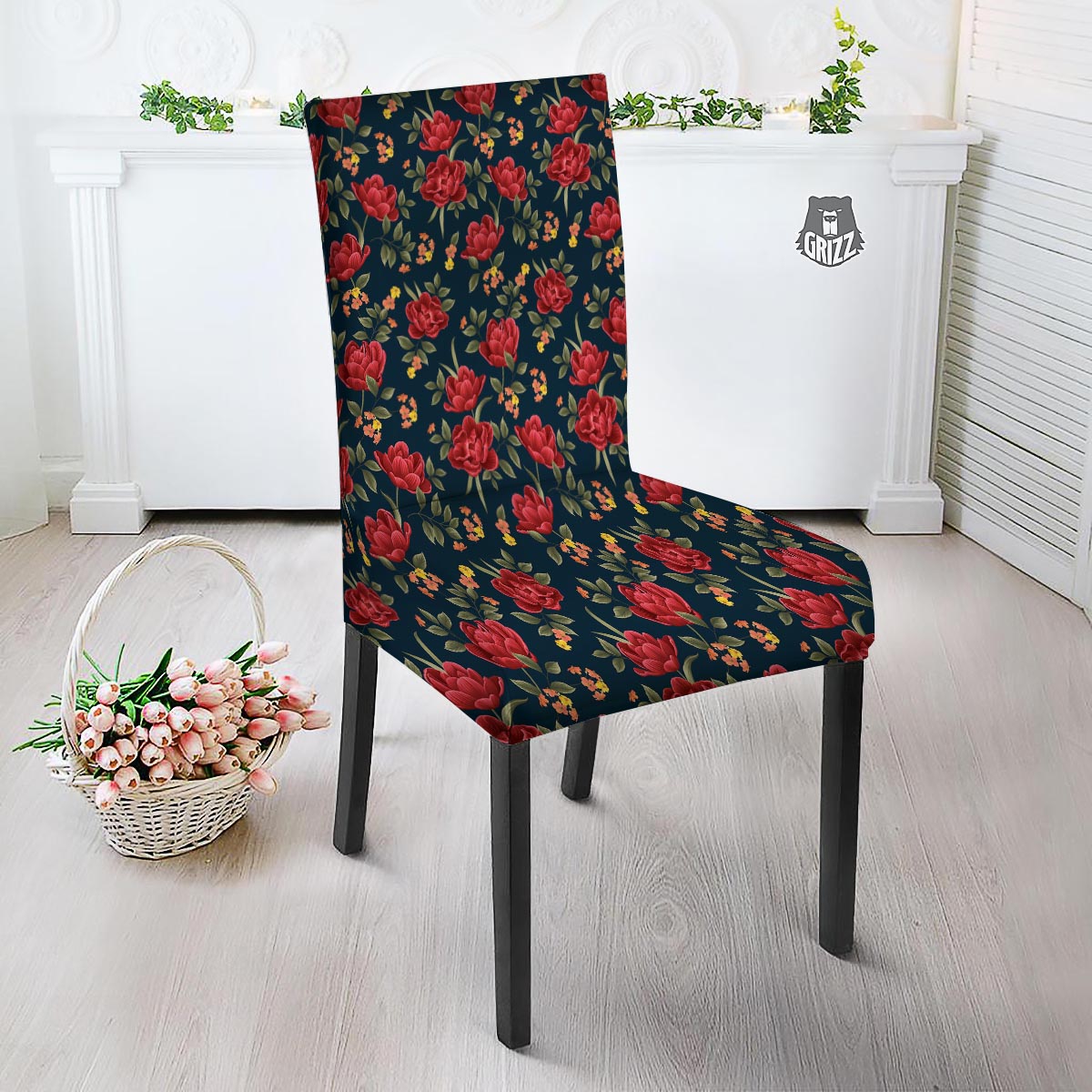 Tulip Red Print Pattern Dining Chair Slipcover-grizzshop