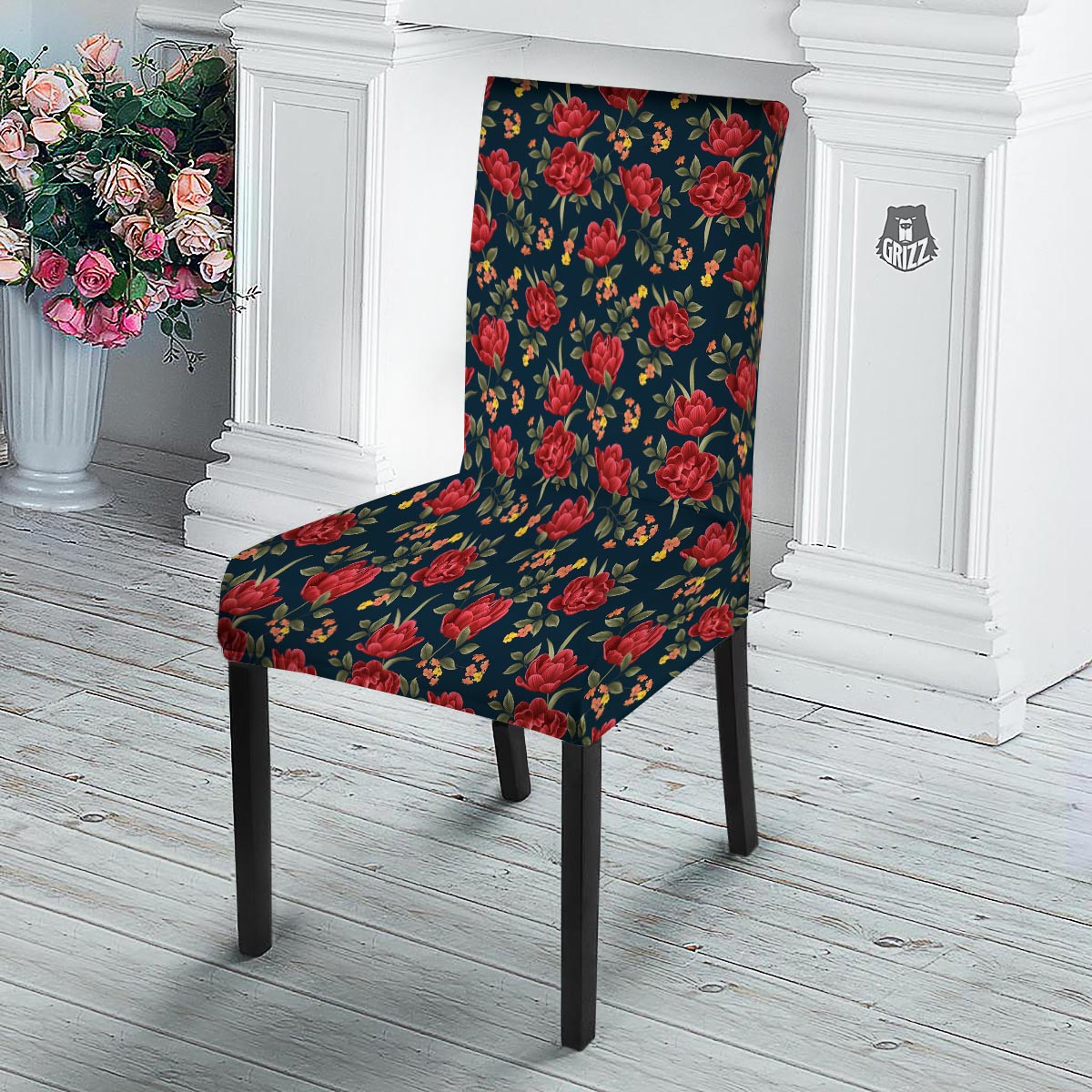 Tulip Red Print Pattern Dining Chair Slipcover-grizzshop