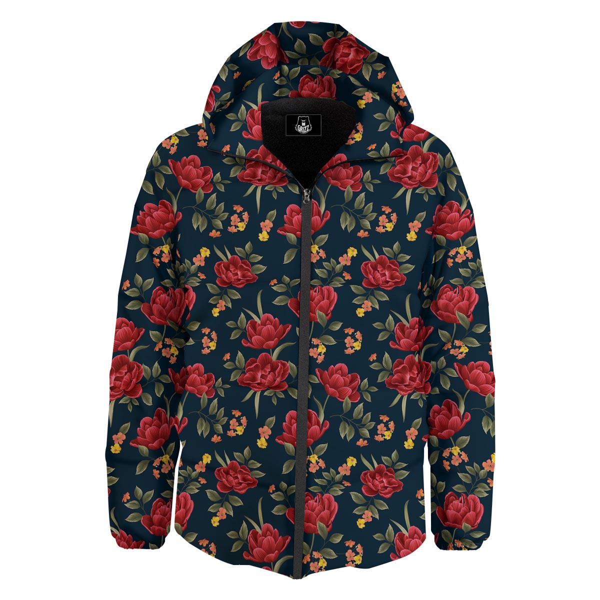 Tulip Red Print Pattern Down Jacket-grizzshop