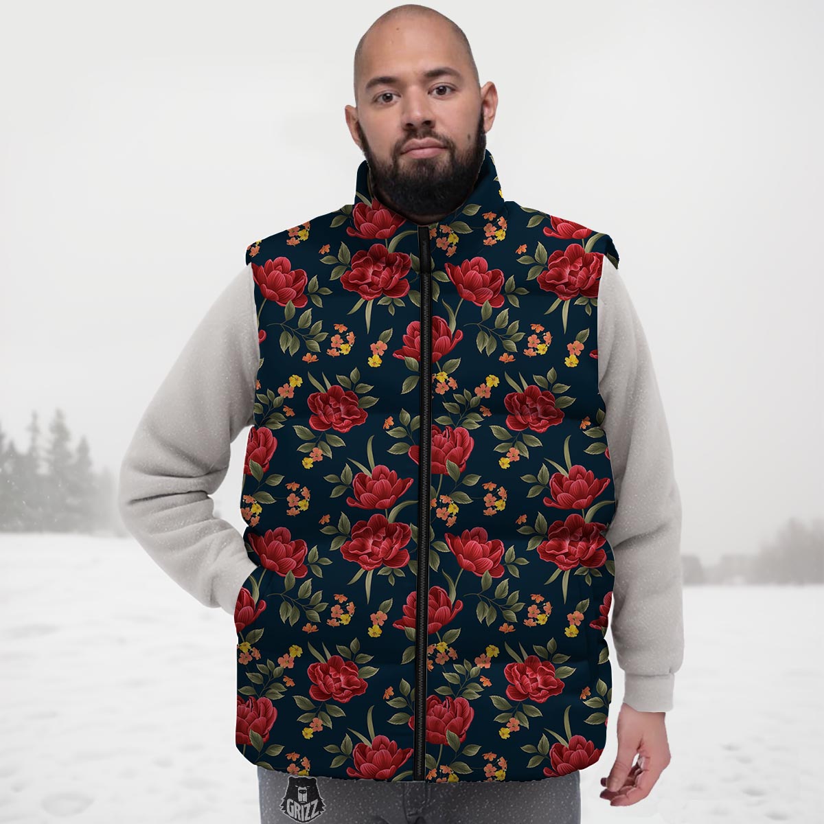 Tulip Red Print Pattern Down Vest-grizzshop