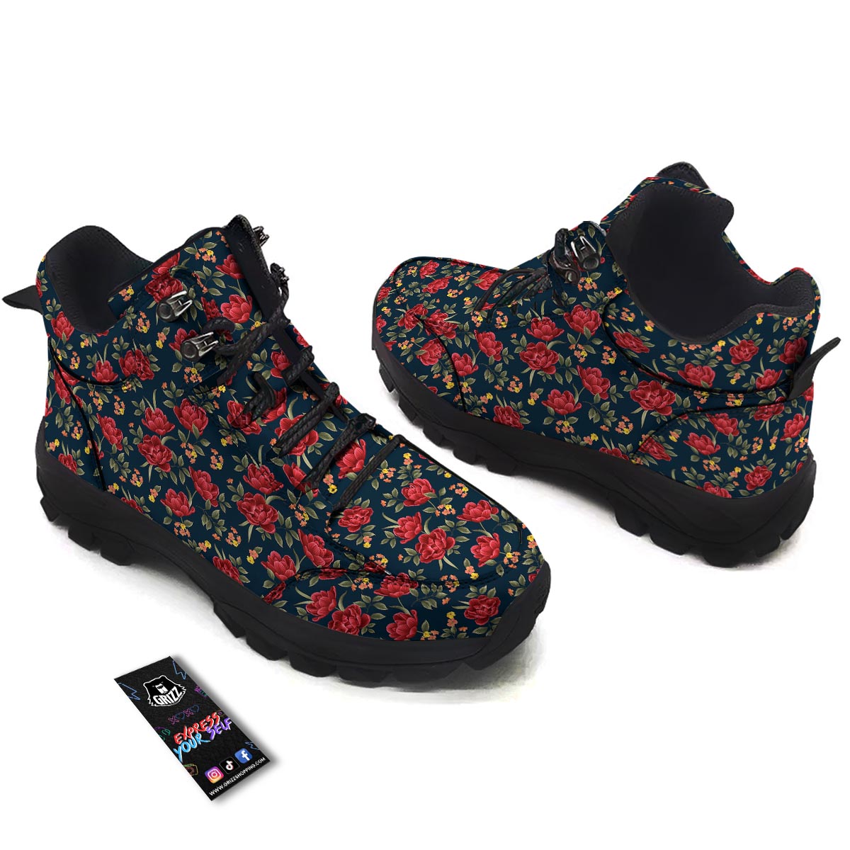 Tulip Red Print Pattern Hiking Shoes-grizzshop