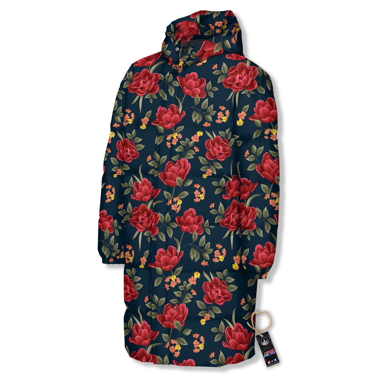 Tulip Red Print Pattern Long Down Jacket-grizzshop