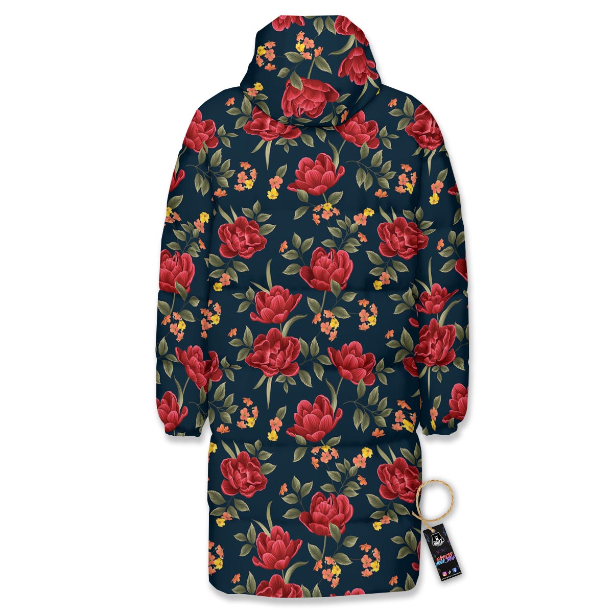 Tulip Red Print Pattern Long Down Jacket-grizzshop