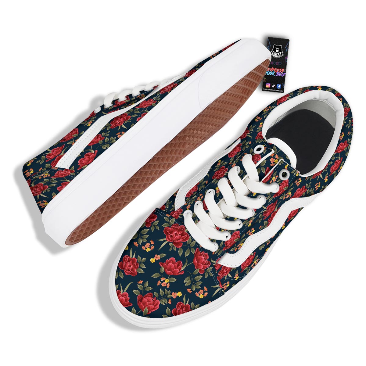 Tulip Red Print Pattern Skate Shoes-grizzshop