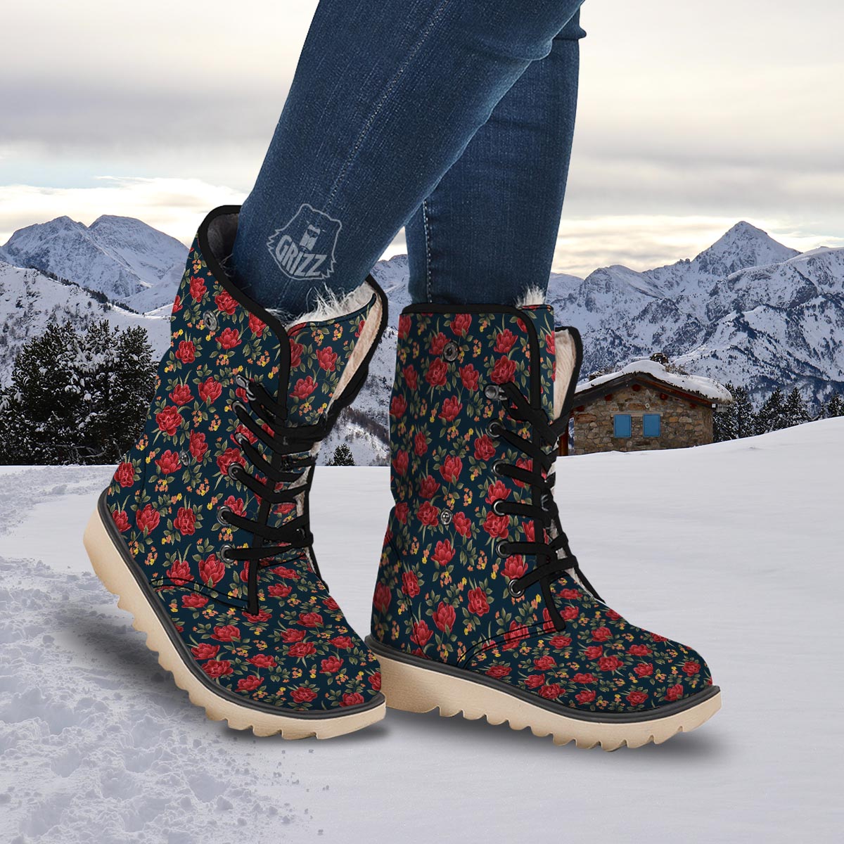 Tulip Red Print Pattern Snow Boots-grizzshop