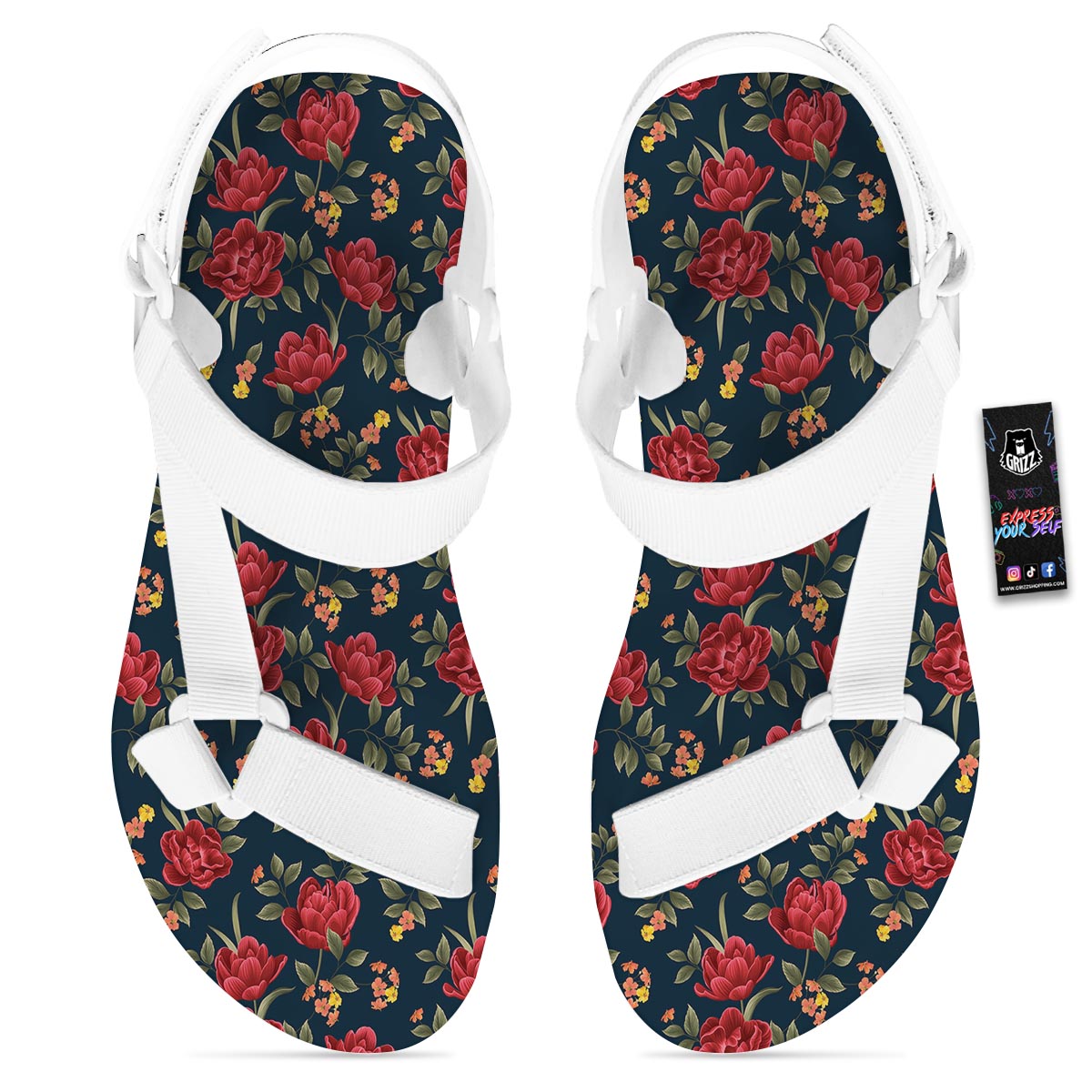 Tulip Red Print Pattern White Open Toe Sandals-grizzshop