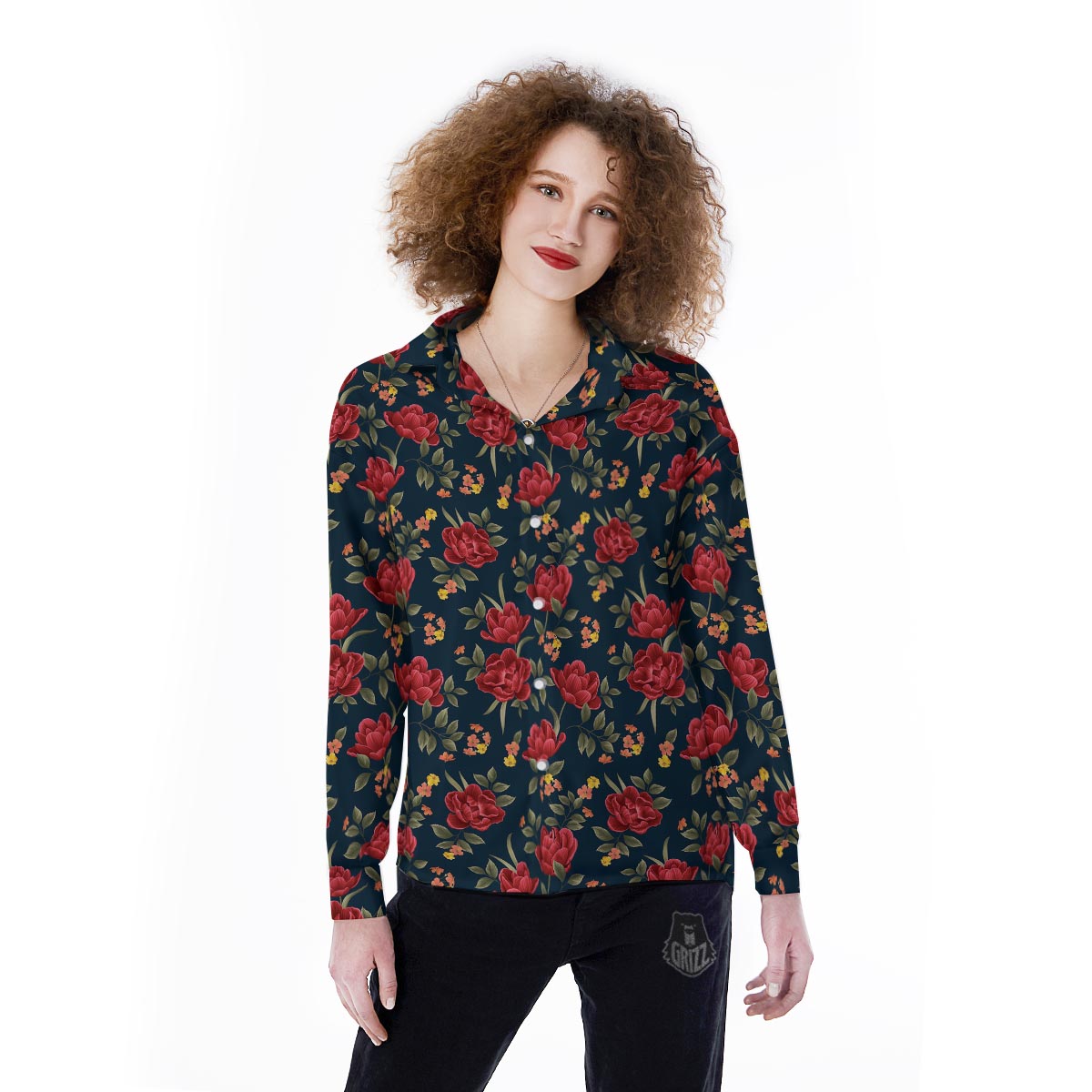 Tulip Red Print Pattern Women's Long Sleeve Shirts-grizzshop
