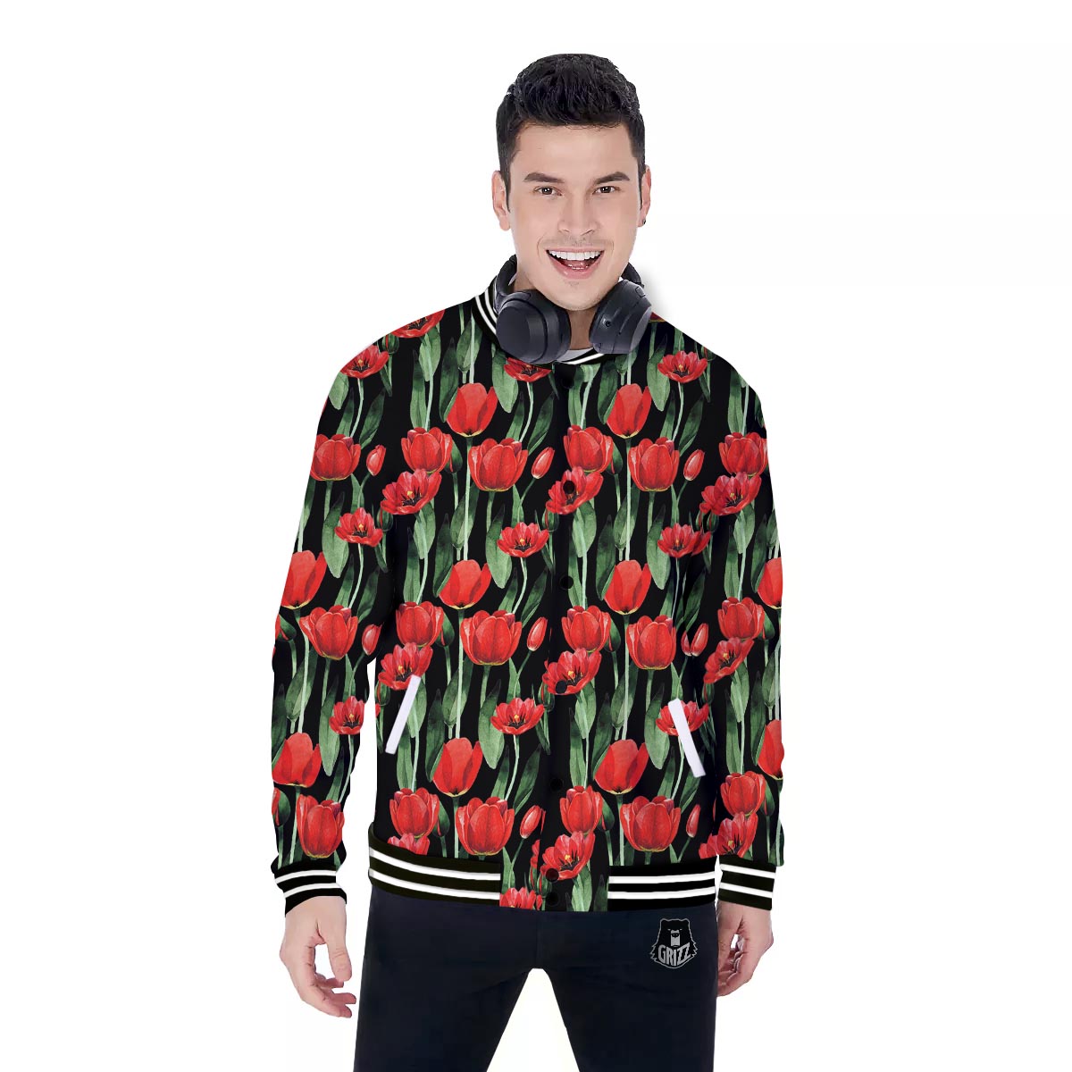 Tulip Red Watercolor Print Pattern Baseball Jacket-grizzshop