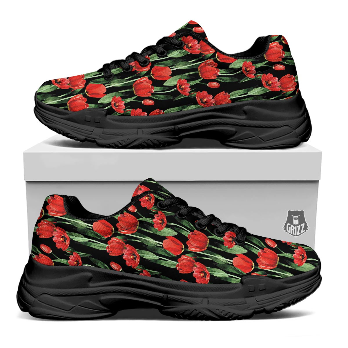 Tulip Red Watercolor Print Pattern Black Chunky Shoes-grizzshop