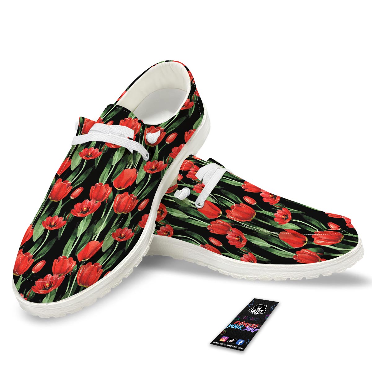 Tulip Red Watercolor Print Pattern Black Loafers-grizzshop