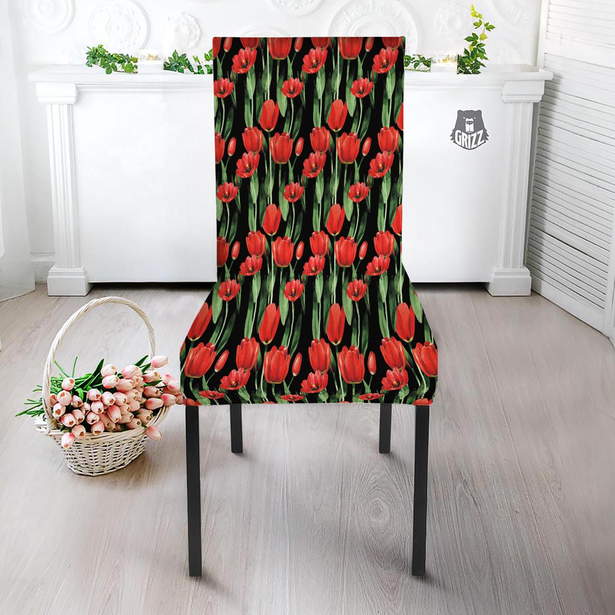 Tulip Red Watercolor Print Pattern Dining Chair Slipcover-grizzshop