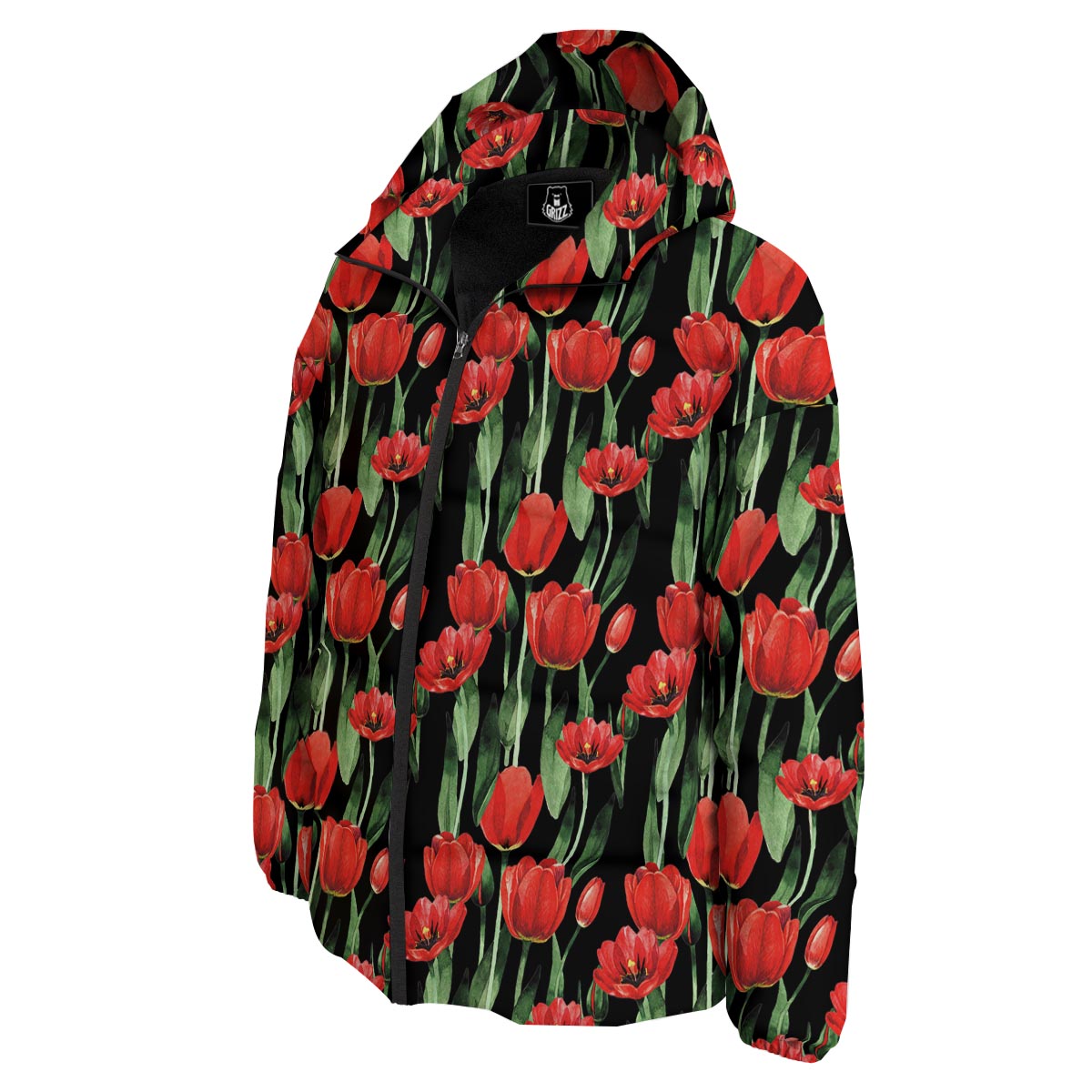 Tulip Red Watercolor Print Pattern Down Jacket-grizzshop