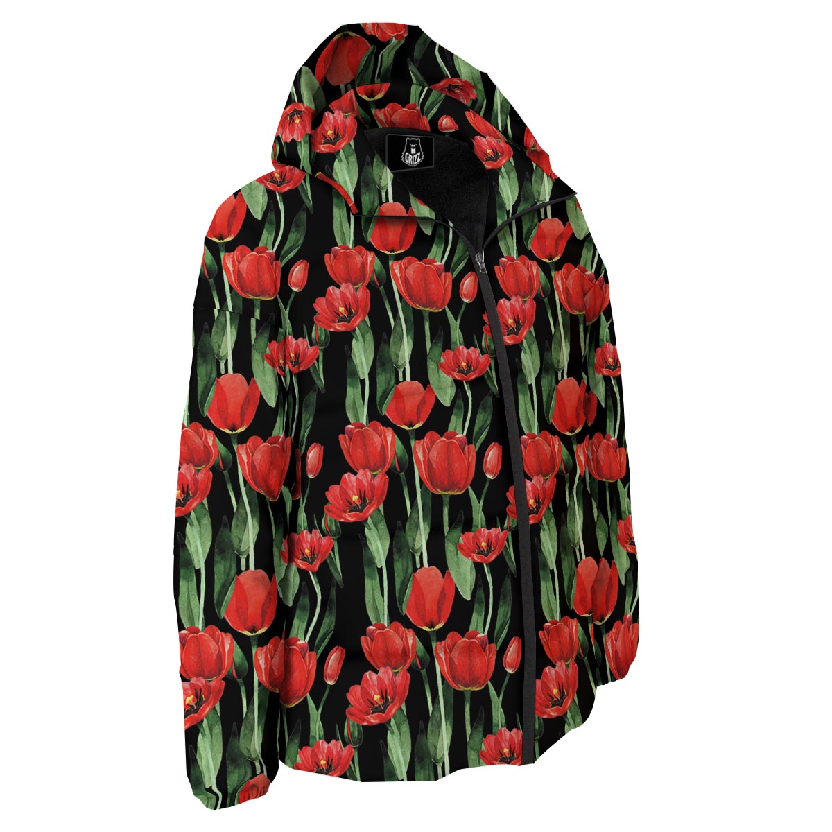 Tulip Red Watercolor Print Pattern Down Jacket-grizzshop