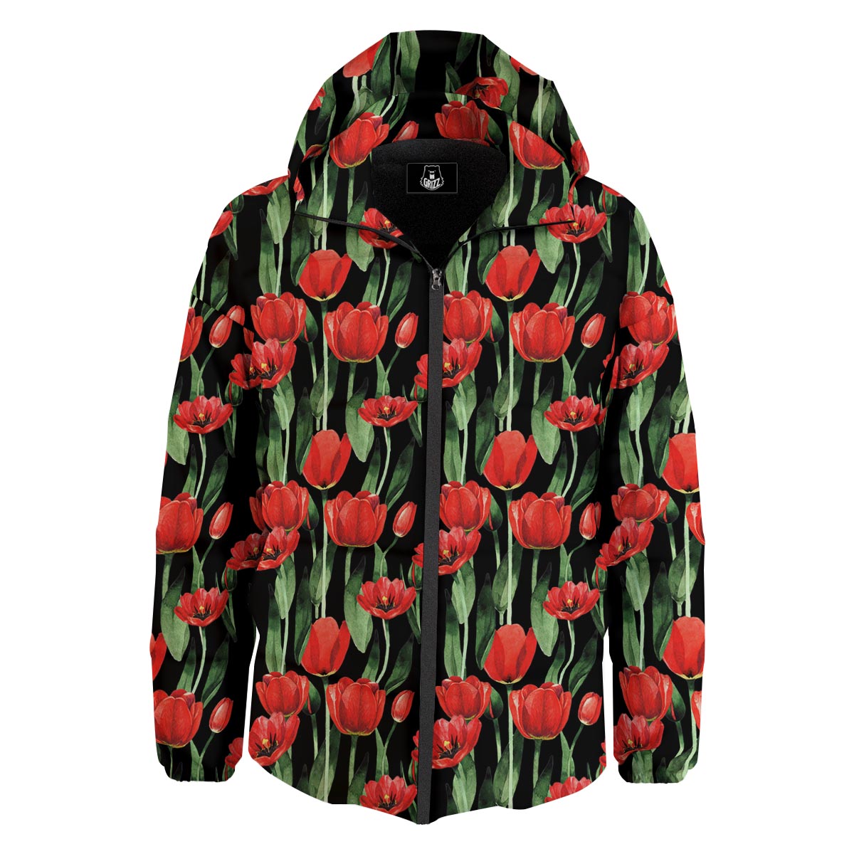 Tulip Red Watercolor Print Pattern Down Jacket-grizzshop