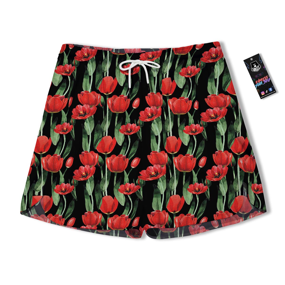 Tulip Red Watercolor Print Pattern Men's Running Shorts-grizzshop