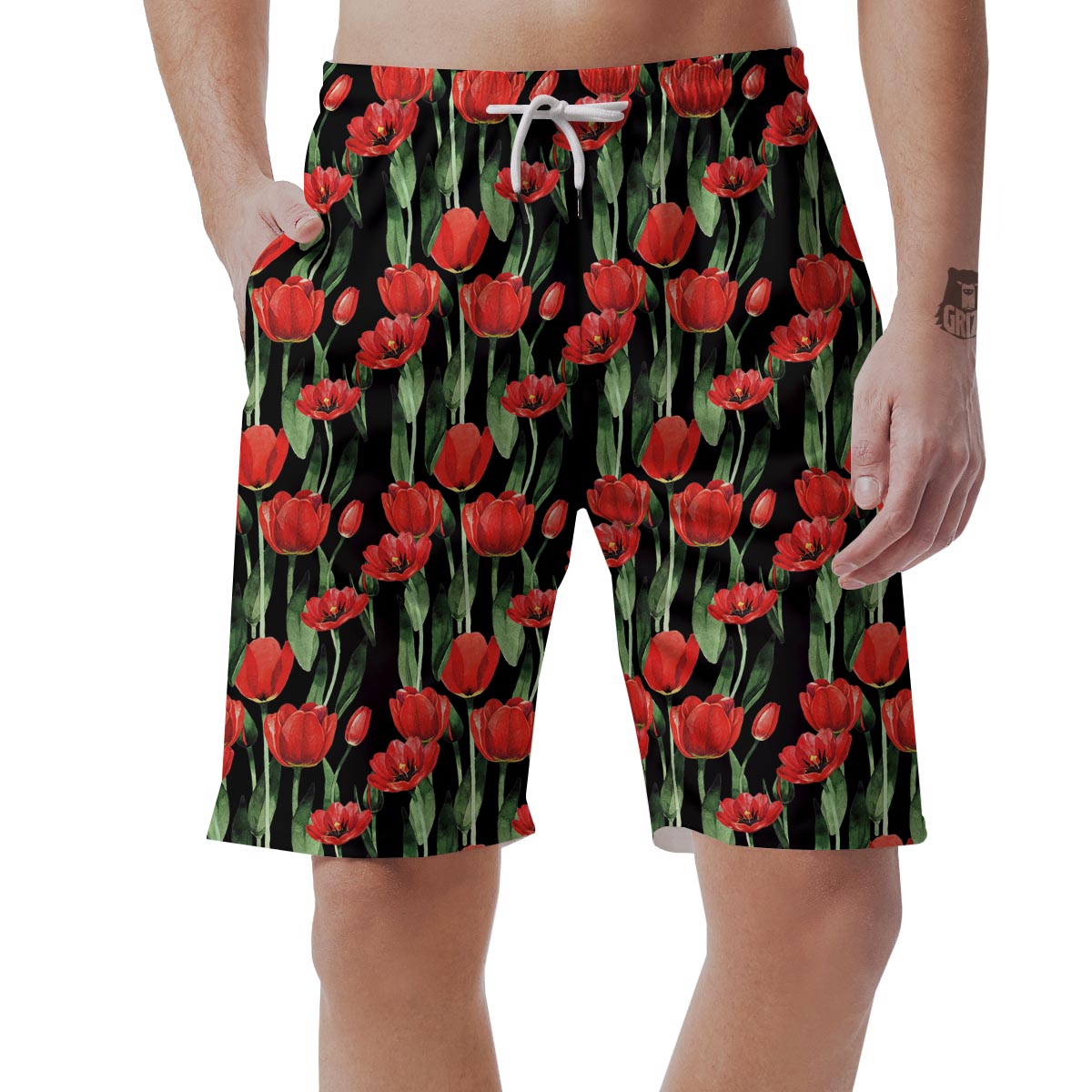 Tulip Red Watercolor Print Pattern Men's Shorts-grizzshop