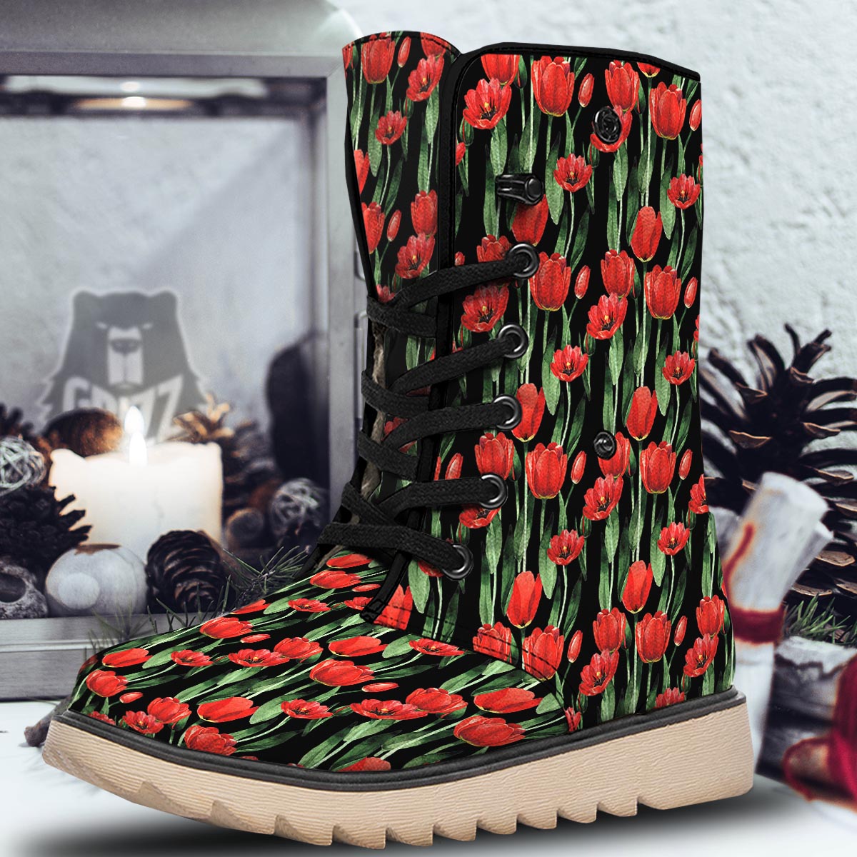 Tulip Red Watercolor Print Pattern Snow Boots-grizzshop