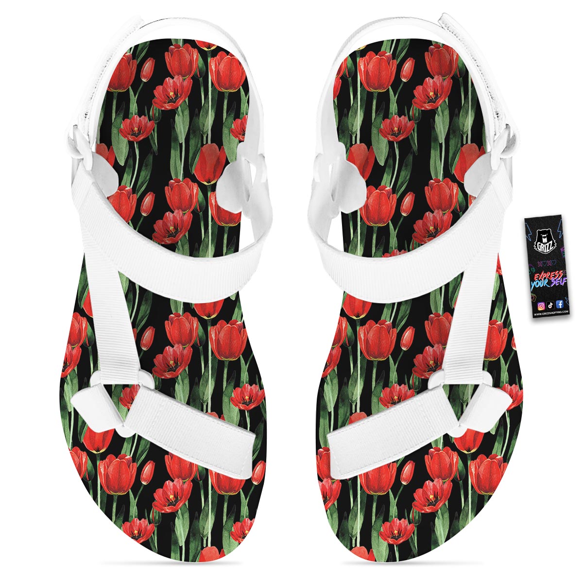 Tulip Red Watercolor Print Pattern White Open Toe Sandals-grizzshop