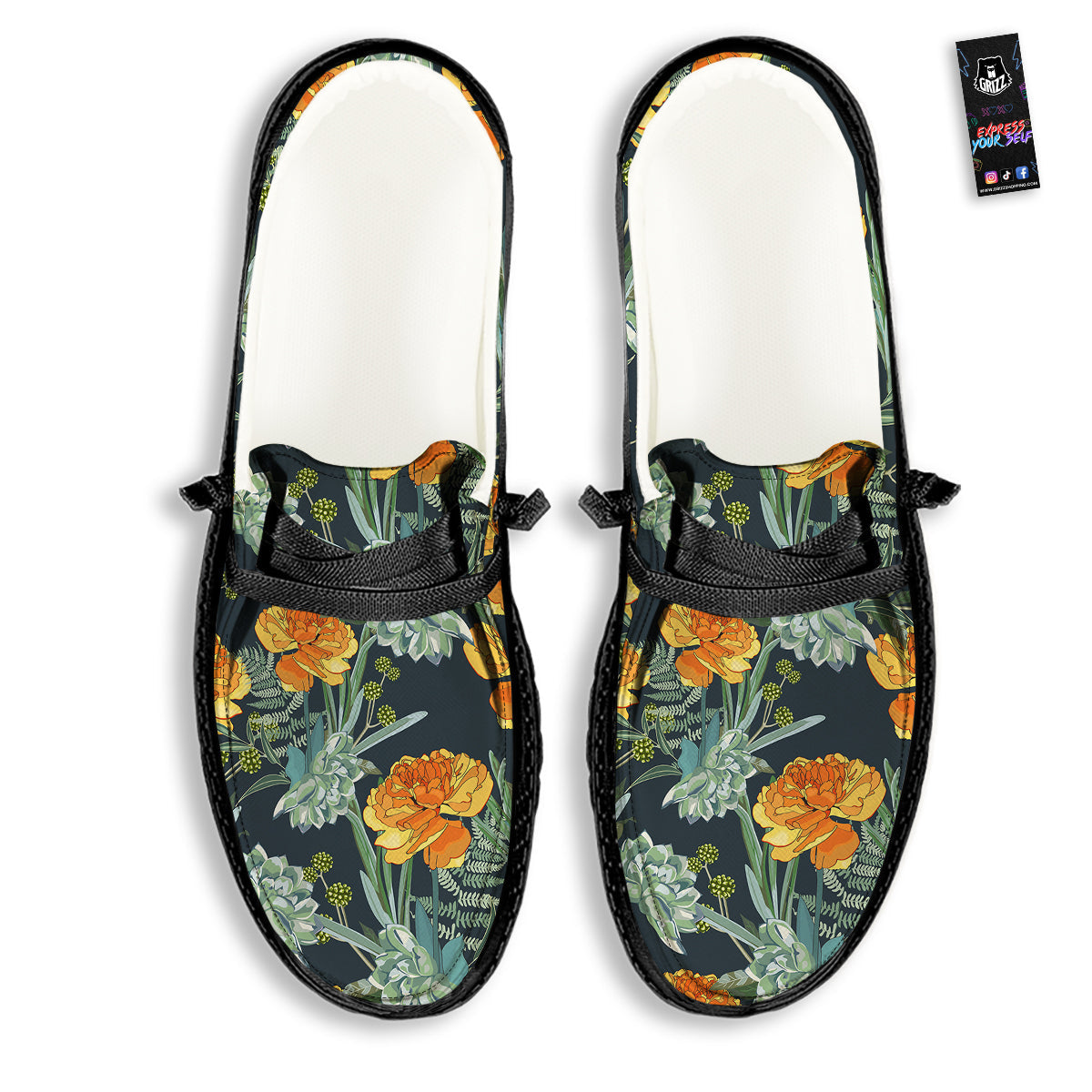 Tulip Spring Yellow Print Pattern Black Loafers-grizzshop