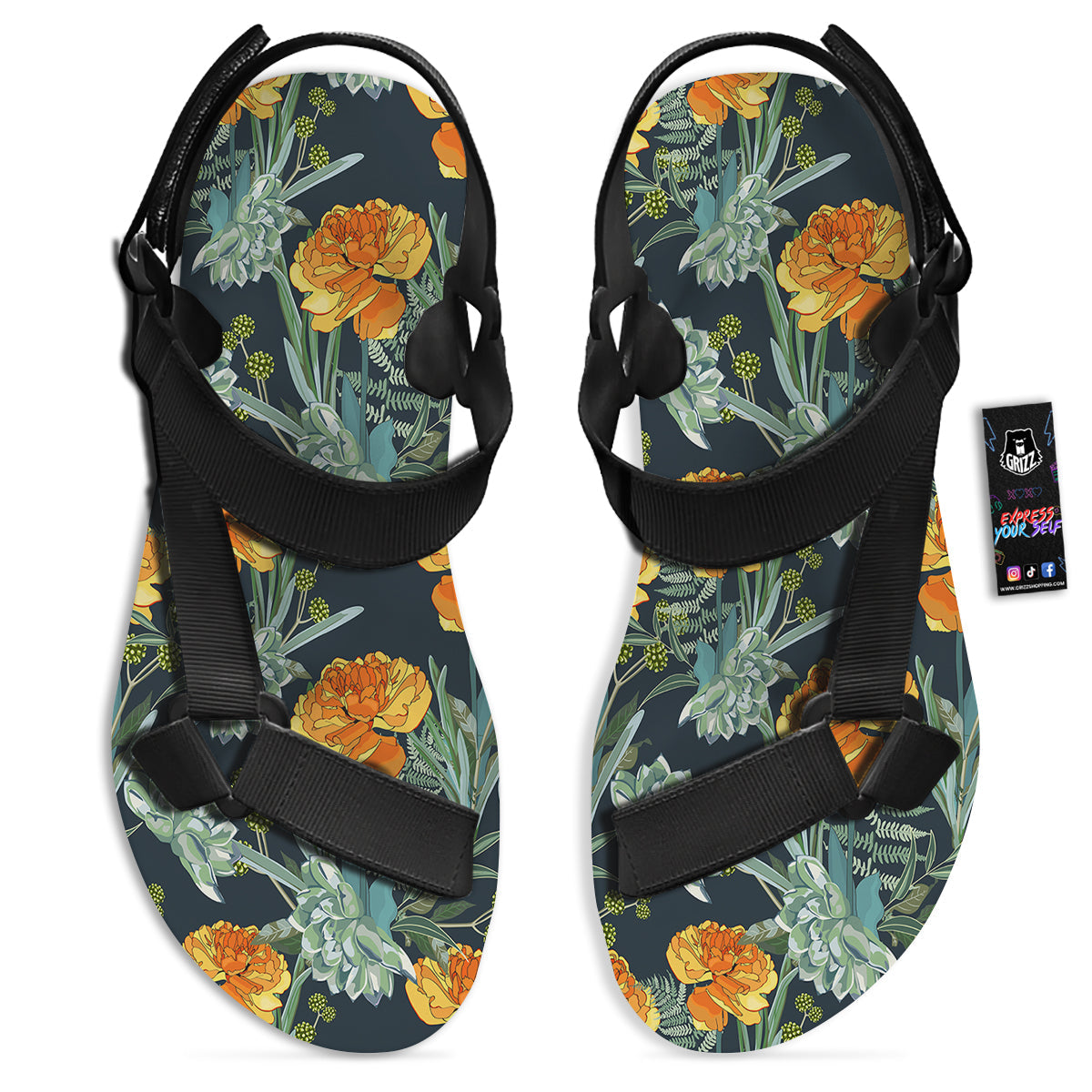 Tulip Spring Yellow Print Pattern Black Open Toe Sandals-grizzshop