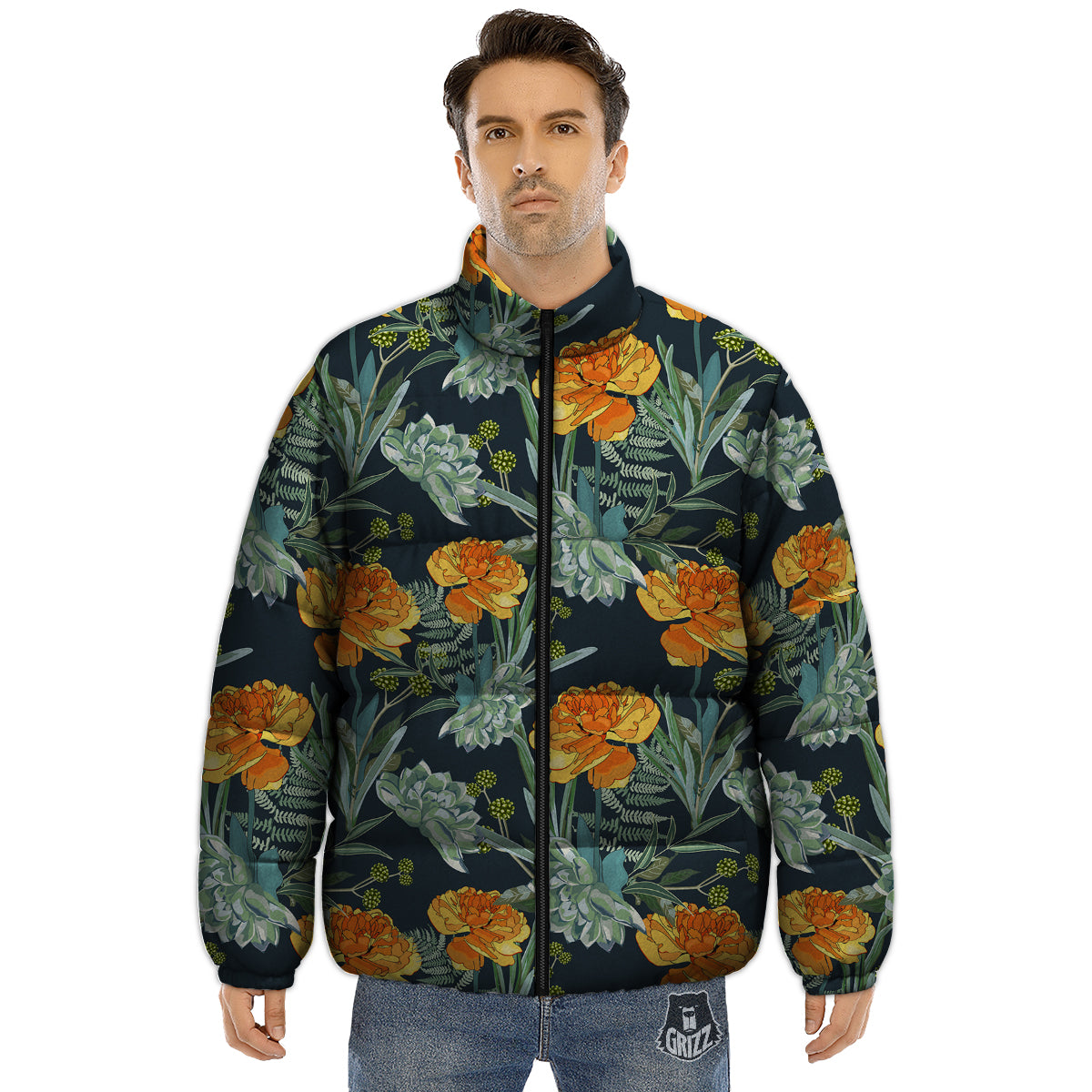Tulip Spring Yellow Print Pattern Puffer Jacket-grizzshop