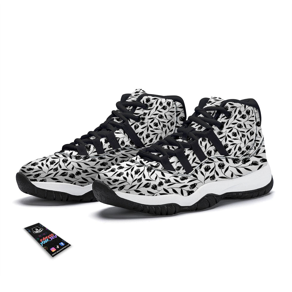 Tulip White And Black Print Pattern Black Bball Shoes-grizzshop