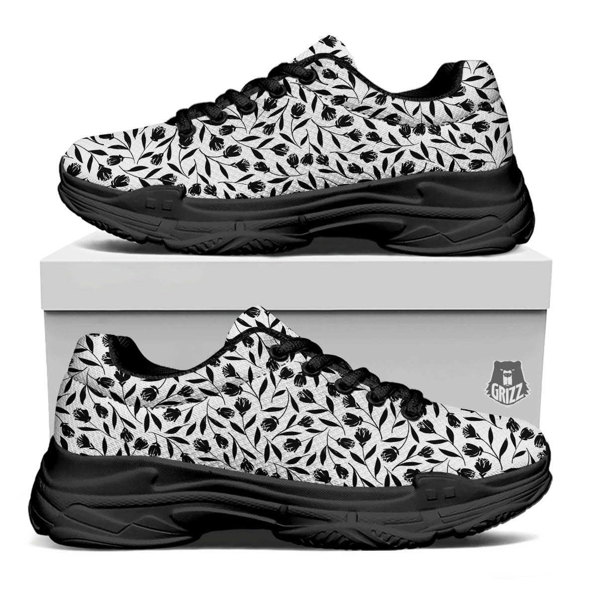 Tulip White And Black Print Pattern Black Chunky Shoes-grizzshop