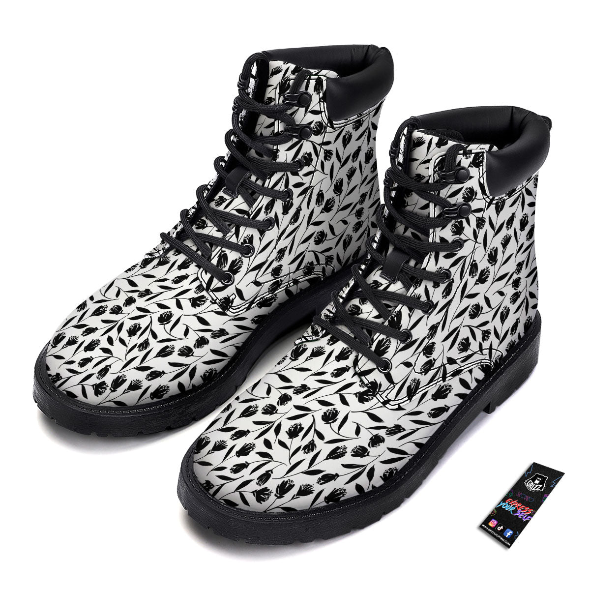 Tulip White And Black Print Pattern Boots-grizzshop