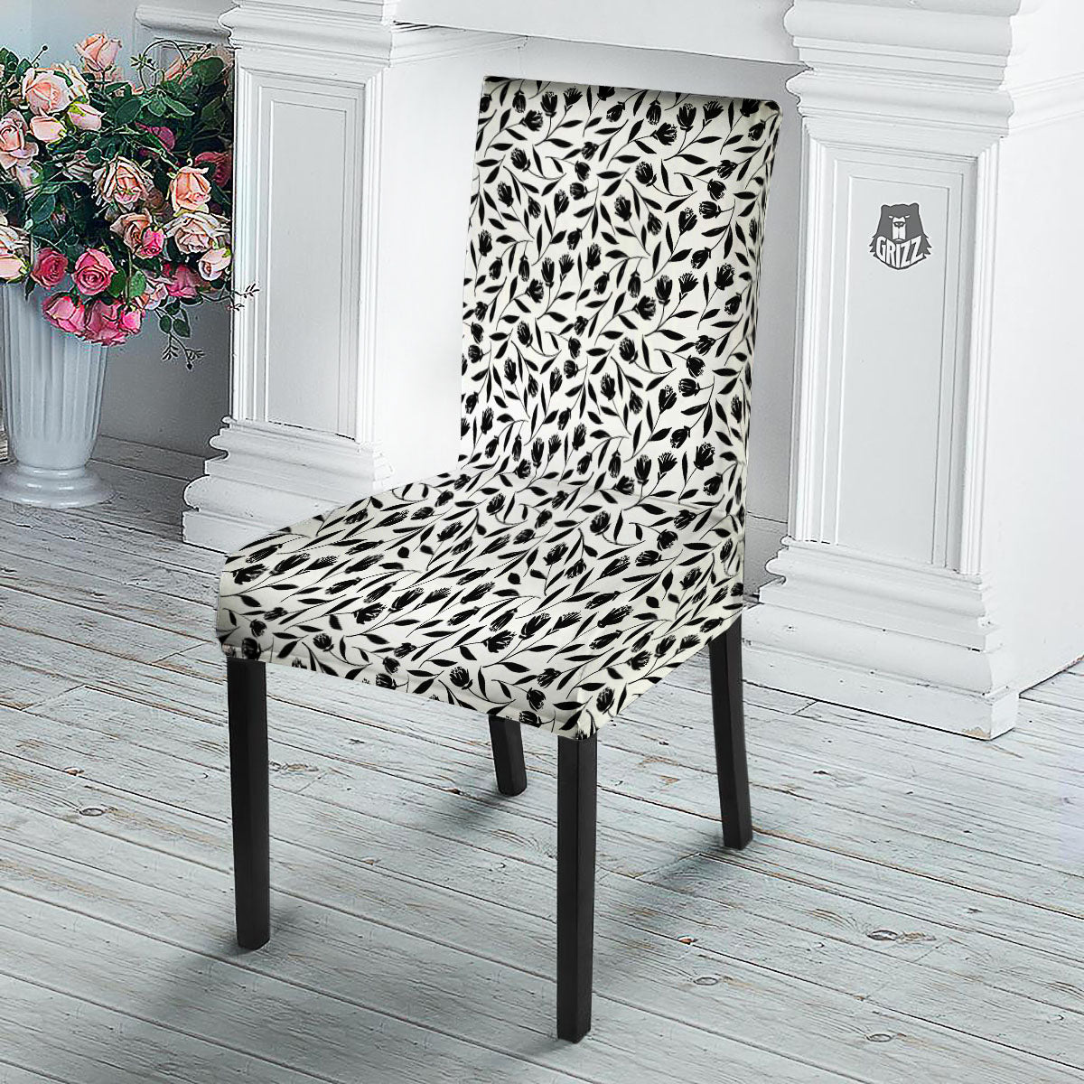 Tulip White And Black Print Pattern Dining Chair Slipcover-grizzshop