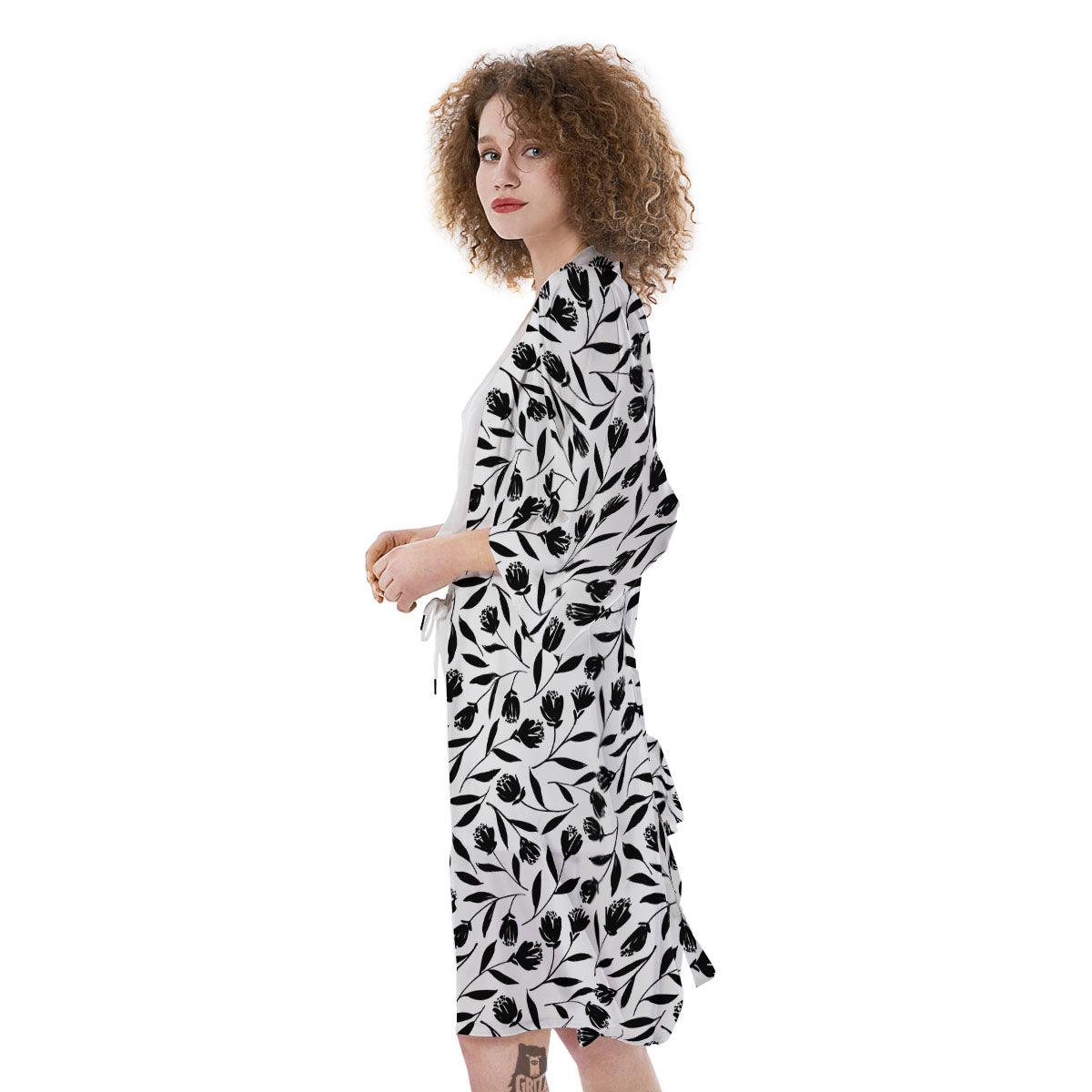 Tulip White And Black Print Pattern Kimono-grizzshop