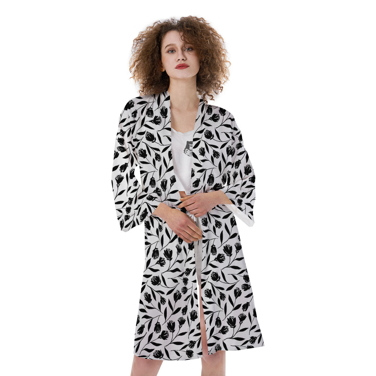 Tulip White And Black Print Pattern Kimono-grizzshop