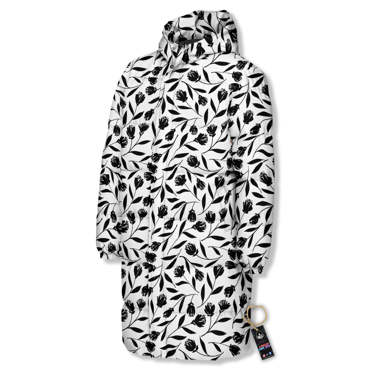 Tulip White And Black Print Pattern Long Down Jacket-grizzshop