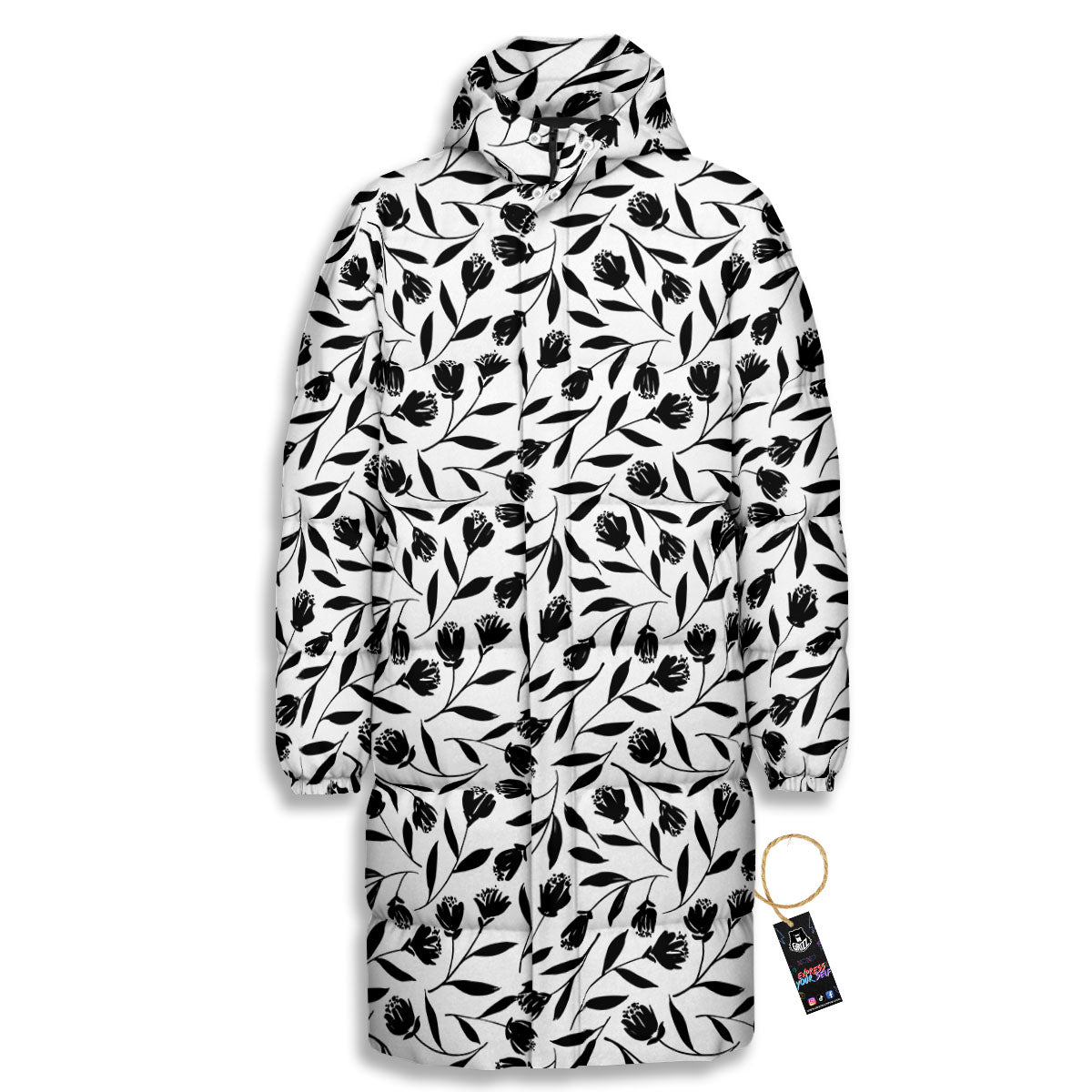Tulip White And Black Print Pattern Long Down Jacket-grizzshop