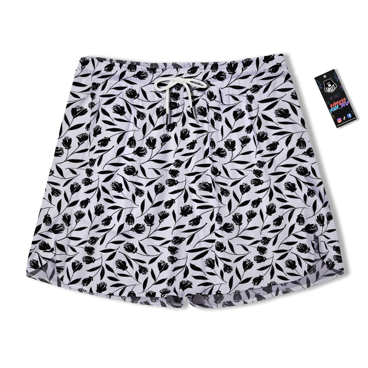 Tulip White And Black Print Pattern Men's Running Shorts-grizzshop