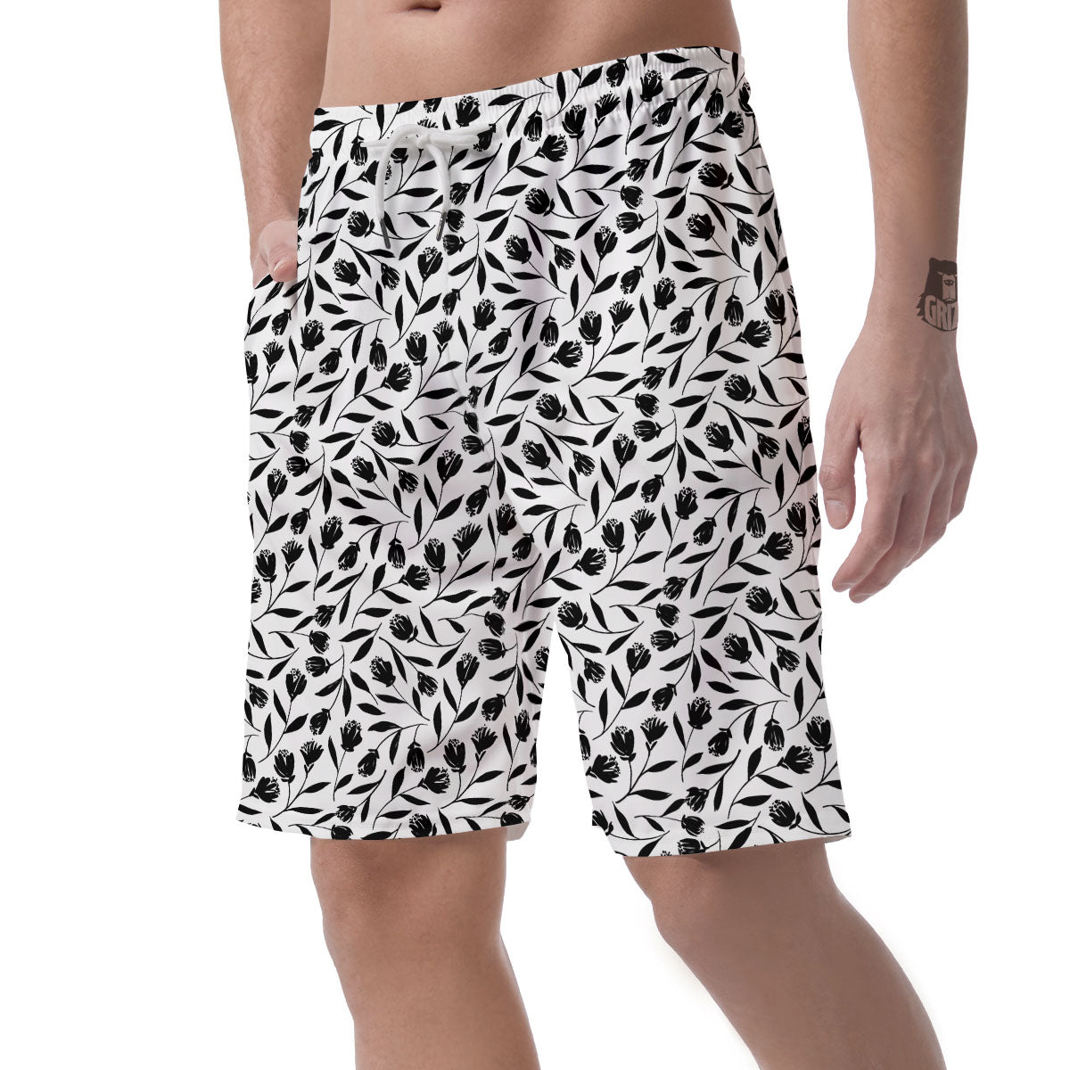 Tulip White And Black Print Pattern Men's Shorts-grizzshop
