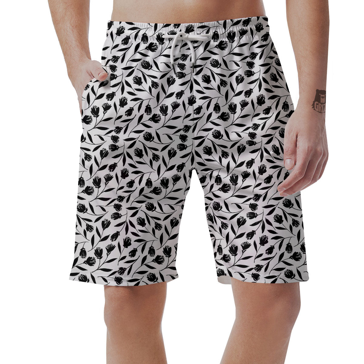Tulip White And Black Print Pattern Men's Shorts-grizzshop