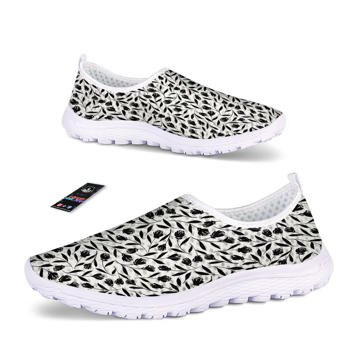 Tulip White And Black Print Pattern Nurse Shoes-grizzshop