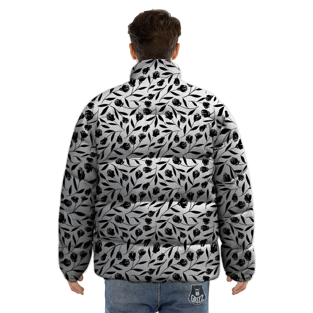 Tulip White And Black Print Pattern Puffer Jacket-grizzshop