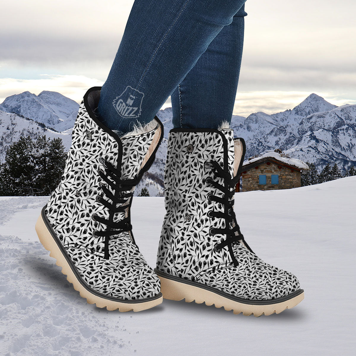 Tulip White And Black Print Pattern Snow Boots-grizzshop